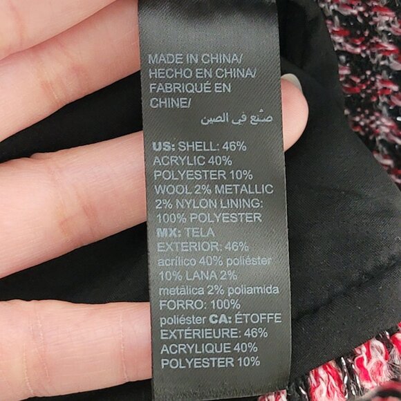 White House Black Market Red Black Tweed Fringe Moto Work Blazer Jacket Size 12 - Picture 10 of 11